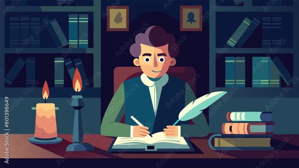 Poster inside a musty library a scholar sits in front of a candlelit desk meticulously studying a copy of t