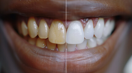 Close-up comparison of teeth before and after whitening treatment.