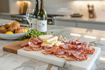 Gourmet charcuterie board with sliced meats, cheese, and wine on a marble kitchen countertop, ideal...