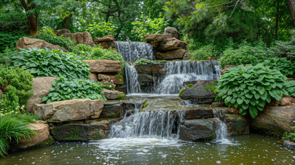 Naklejka premium A waterfall cascades through a garden, surrounded by rocks and lush vegetation