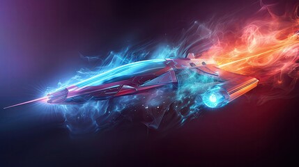 Create a stunning 3D digital rendering of a futuristic spaceship suspended in space, with a dynamic tilted angle perspective Experiment with innovative lighting effects to enhance the spacecrafts slee