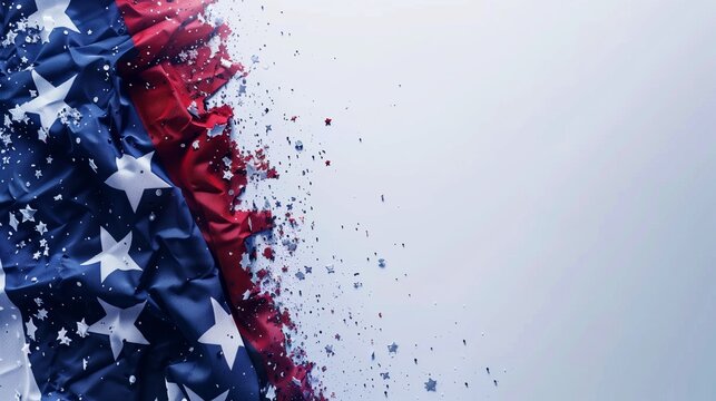 Dynamic image of an American flag disintegrating on one side with stars scattered around.