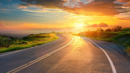Naklejka premium A road leading into the horizon with the sun setting in the background, casting a warm glow over the landscape