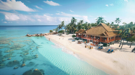 Aer view of a luxurious beach resort with palm trees, pools, and white sandy beaches