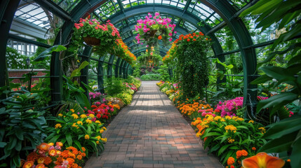 A walkway in a garden adorned with an abundance of colorful flowers in bloom, creating a vibrant and lively atmosphere