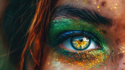 The image is a close-up of a woman's eye. The woman has green eyeshadow on her eyelid and dark brown hair. She is looking at the camera with her green eye. - obrazy, fototapety, plakaty