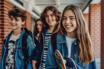 Obraz premium Nostalgic school days: a vibrant glimpse into the 1990s with schoolchildren and teenagers, capturing the essence of youth culture, education, friendships, and iconic fashion