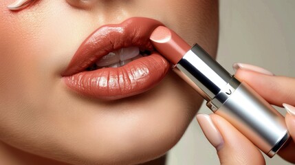 Close-up of a woman applying lipstick - obrazy, fototapety, plakaty