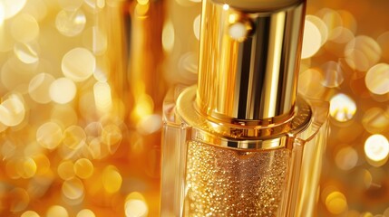 Close-up of a dropper bottle with a gold lid against a blurry background of gold sparkles. - obrazy, fototapety, plakaty