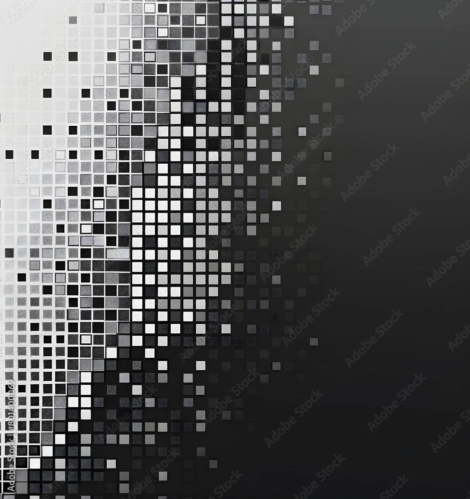 Poster black and white background with small squares of different sizes, arranged in vertical rows. the gra
