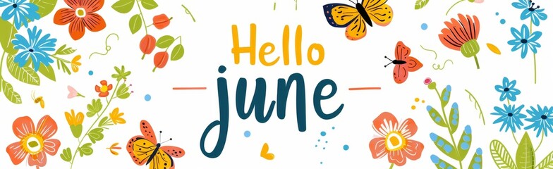A cute and colorful cartoon text "Hello june" with spring flowers, butterflies and leaves on a white background Generative AI