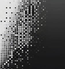 Black and white background with small squares of different sizes, arranged in vertical rows. The gradient is from dark to light grey, creating an abstract pattern that resembles a pixel art grid or di