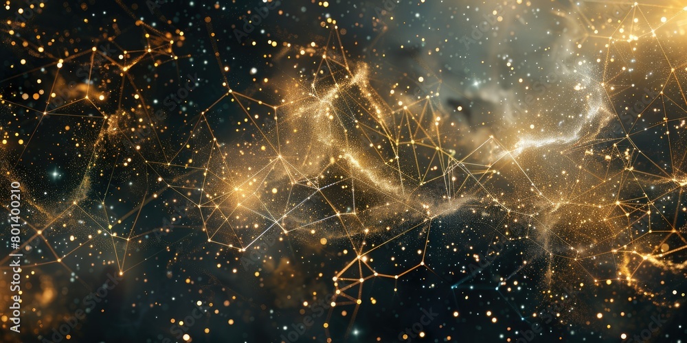 Poster an abstract geometric pattern background, with celestial bodies and cosmic shapes rendered in shimme