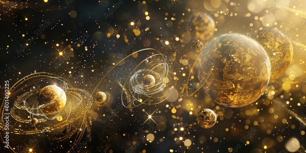 Poster an abstract geometric pattern background, with celestial bodies and cosmic shapes rendered in shimme