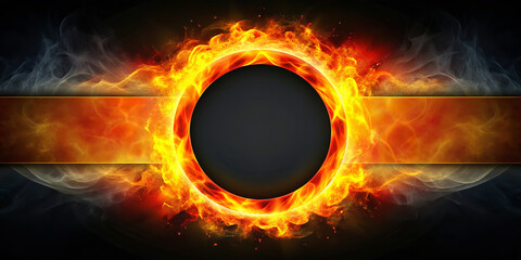 A fiery ring of intense flames, emitting a strong light, with a dark background in the centre and symmetrical smoke patterns protruding from the sides. AI generated.