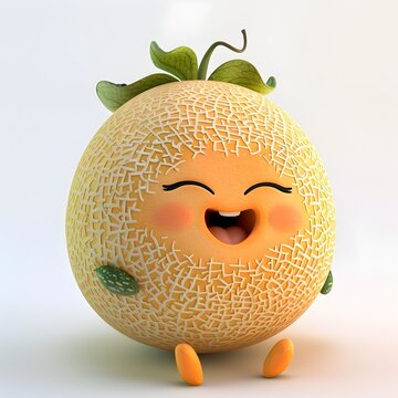 Cheerful Cantaloupe Fruit Character on Simple White Background