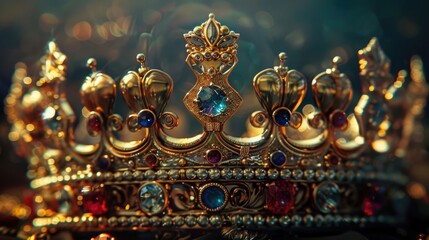 Generate a visually stunning representation of a majestic crown, characterized by an opulent arrangement of gold and gem elements, evoking a sense of royal magnificence