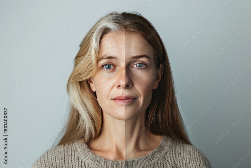 Poster hair color symmetry and visual metaphors emphasize the role of anti aging cream and exercise in mana