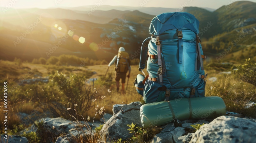 Poster backpackers hiking at sunset