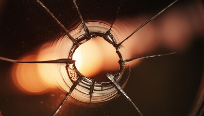 broken glass on dark background with hole close up photo