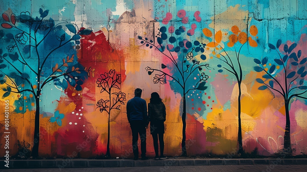 Wall mural Craft a romantic scene at street level where a couple gazes at a mural symbolizing environmental harmony Use vivid colors to evoke emotion and blend street art seamlessly with the background