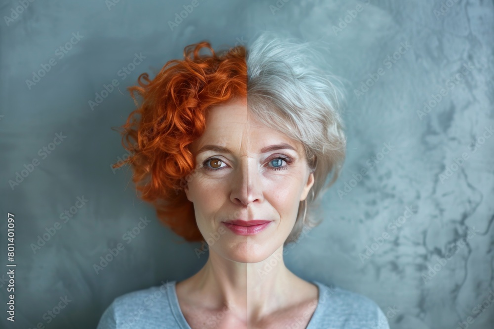 Poster anti aging cream and exercise reshape aging perceptions, underscored by hair color symmetry and visu