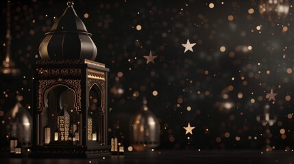 Obraz premium Elegant and ornate lantern amidst a magical backdrop of glowing stars and shimmering lights.