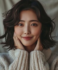 Korean Female Model Wearing White Sweater Poses for Picture