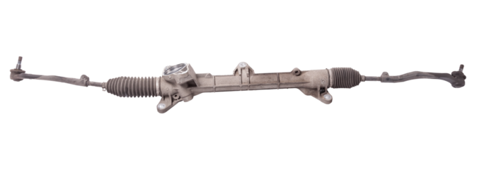 Spare part of the car steering rack new in plastic packaging for turning the wheels close-up on the floor of the tile to perform vehicle maintenance in auto service.