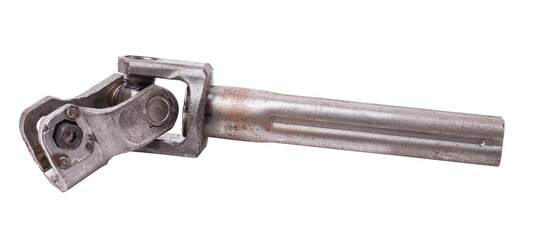 The spare part of the car is a metal steering propeller shaft with hinges on a white background with inscriptions designating the model. Repair of equipment at the auto-parsing in the workshop.
