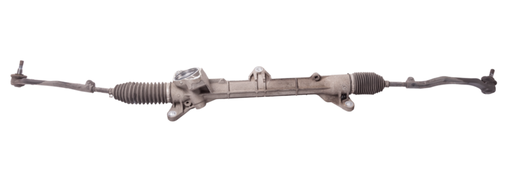 Spare part of the car steering rack new in plastic packaging for turning the wheels close-up on the floor of the tile to perform vehicle maintenance in auto service.