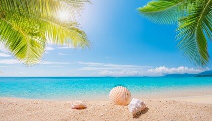 sunny tropical beach with turquoise water summer holidays vacation background seashells in sand...