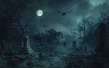 Create a hair-raising moment akin to Frankenstein, featuring a drone flying over a desolate graveyard at night, capturing the spectral moon casting an ominous glow on gnarled trees and forgotten tombs