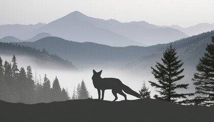 horizontal banner silhouette of fox standing on hill mountains and forest in the background magical misty landscape trees animal gray illustration banner