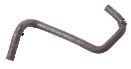 Black plastic hose of the car engine cooling system on a white isolated background in a photo studio for replacement during repair or for a catalog of spare parts for sale on auto disassembly.