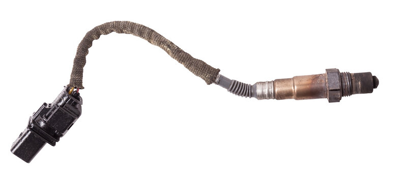 Lambda probe - oxygen sensor device designed to record tamount of remaining oxygen in the exhaust gas of car engine is located in exhaust system. Metal spare part for replacement to repair in workshop