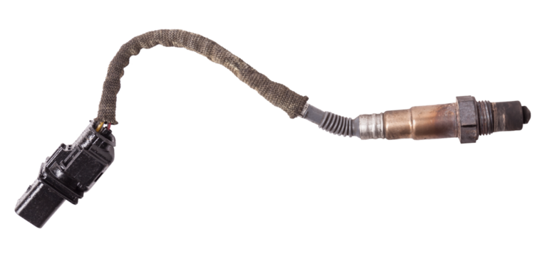 Lambda probe - oxygen sensor device designed to record tamount of remaining oxygen in the exhaust gas of car engine is located in exhaust system. Metal spare part for replacement to repair in workshop - Powered by Adobe