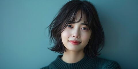 Korean Female Model in Green Sweater Poses for Picture