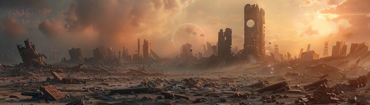 Illustrate a detailed side perspective of a post-apocalyptic wasteland infused with intricate nanotech structures, utilizing a monochromatic color palette with sporadic neon accents to portray a haunt