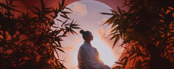 an Asian woman in a white robe relaxing under an enormous moon, framed by dark bamboo stalks...