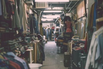 An array of vintage and second-hand clothes and accessories line the aisles of a thrift store, invoking a sense of nostalgia and sustainable fashion