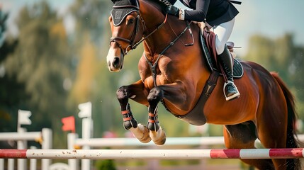 Equestrian Show Jumping in Action, Horse and Rider Overcoming Obstacle. Sports Event, Athletic Grace. Competitive Riding in Nature. AI