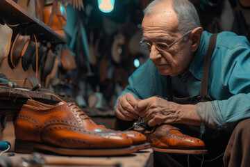 Elderly shoemaker carefully restoring classic leather shoes in his traditional workshop surrounded by tools.
