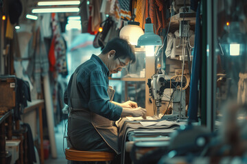 Leatherworker engaged in sewing a piece of leather in a cluttered and well-used craft workshop.