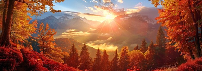 Panoramic Sunrise Over Vibrant Autumn Forest and Mountains