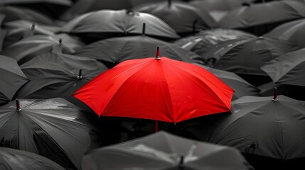 Bunch of black umbrellas with single red one