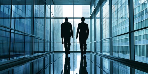 Two silhouettes stride purposefully through a corridor flanked by the reflective glass of a modern office