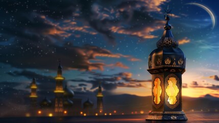 A decorative lantern illuminates against a backdrop of a twilight sky with mosqu like silhouettes and a crescent moon.