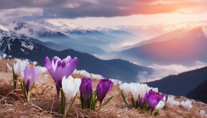 flowering spring flowers fantastic macro photo of crocus safran and snowdrop flowers in mountains exclusive this image is sold only on adobe stock