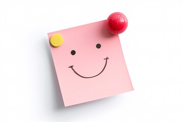 Smiley Face Drawing on Pink Note with Yellow and Red Magnets